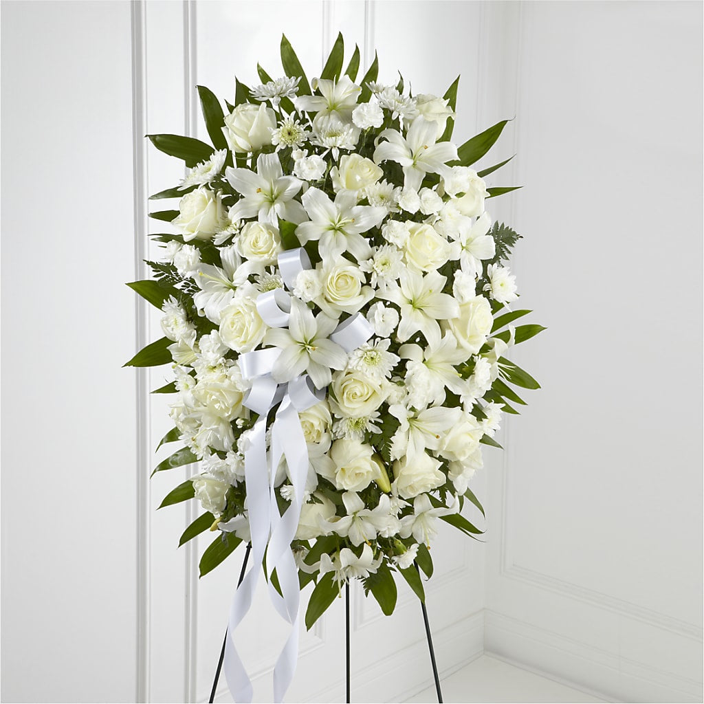 Exquisite Tribute Standing Spray-White Ribbon – Cafe Flora, Albuquerque NM